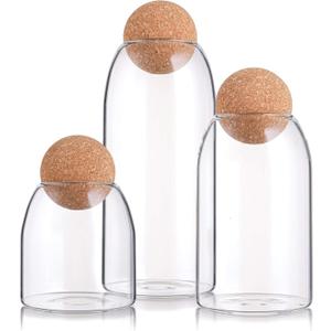 Suwimut 3 Pack Glass Storage Jar with Ball Cork Lid, Clear Glass Canisters with Cork Ball, Cute Decorative Round Glass Bottles with Airtight Wooden Lid for Spice, Sugar, Salt, Tea, Nuts, Coffee Beans