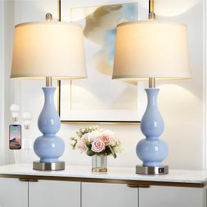 27" Blue Gourd Ceramic Lamps Set of 2, Coastal Ceramic Table Lamps for Living Room with USB A+C Ports, Classic Bedside Lamp for Nightstand, Tall Lamps for Bedroom Side End Table Home Decor