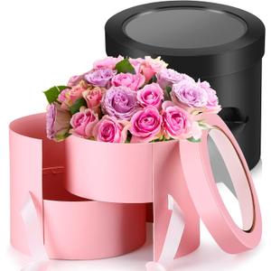 Fuutreo 2 Pcs Round Flower Boxes for Arrangements Gift Boxes with Lid 7.8 x 7.8 x 6.8 Inch Double Layers Rotating Rose Vase Bouquet Wedding Birthday Decorations, Black and Pink