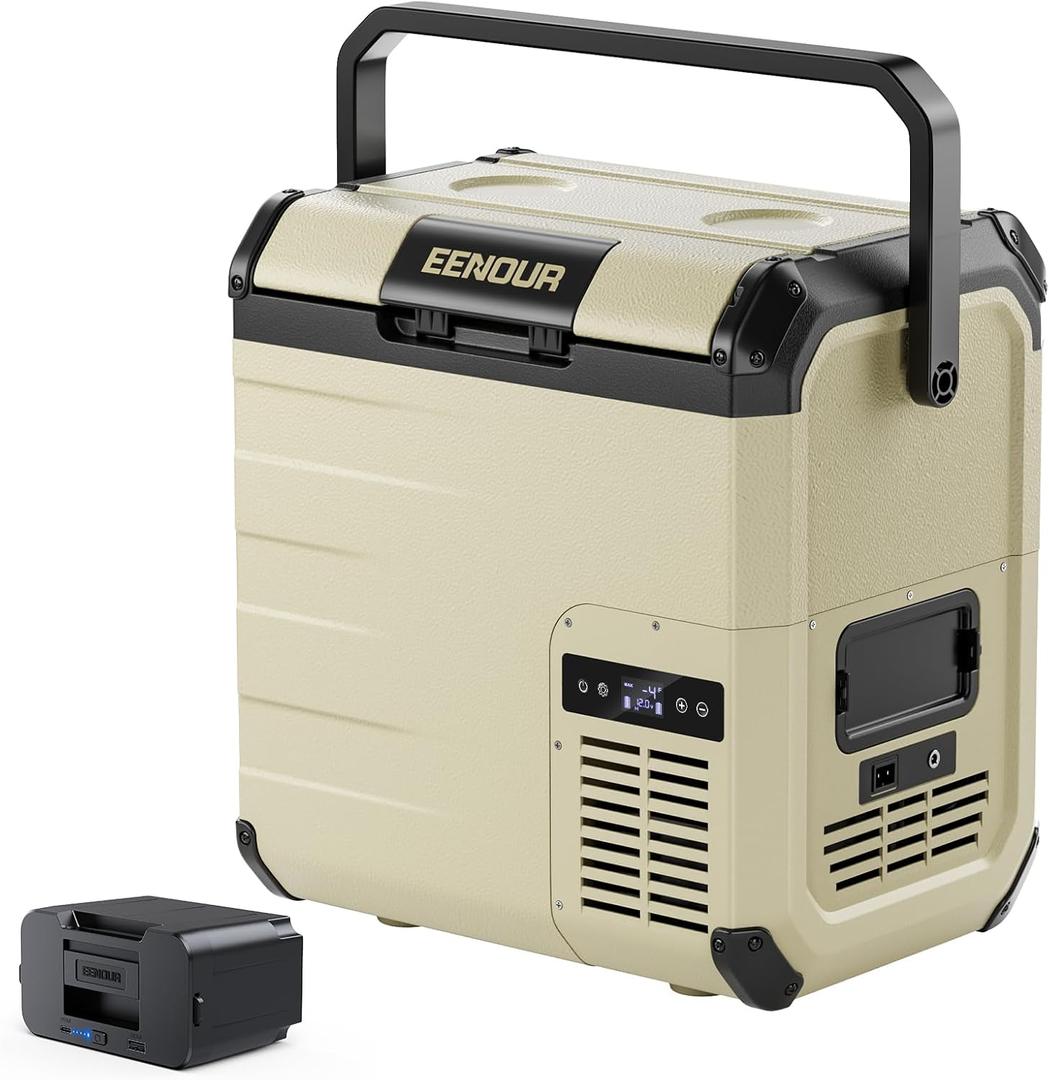 EENOUR D18 12 Volt Car Refrigerator, Portable Freezer with Detachable Battery 19Qt/18L, Battery & Solar Powered Cooler, -4~50, 12/24V DC, 110~240V AC, 12V Fridge for Camping, Road Trips, RV, Truck (Khaki Set)
