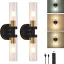 Battery Operated Wall Sconces Set of 2, 330 Rotation 3000K-6000K Dimmable Wireless Wall Sconce with Clear Glass Black Gold 10400mAh USB Rechargeable Wall Lights with Remote Bulbs Included 2 Pack