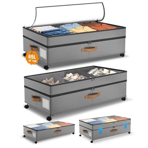 Megapuxin Under Bed Storage with Wheels, 10 inches Under Bed Storage Containers, 65L XXL Large Adjustable Underbed with Lids, Rolling Underbed Storage bins for Shoes, Clothes, Blankets, Grey