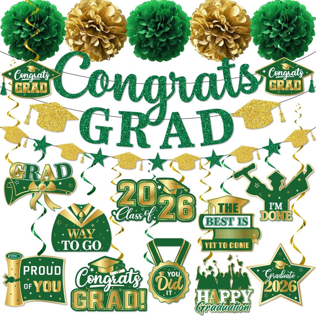 2 x Green Graduation Decorations 2026, Glitter Congrats Grad Banner Hanging Swirls and Tissue Pom Poms, Green and Gold Graduation Decorations for Class of 2026 College Graduations Party Decorations