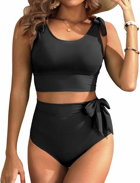 Two Piece High Waisted Swimsuits - Women Tummy Control Bikini Modest Bathing Suit 2PC 2025 XL Black