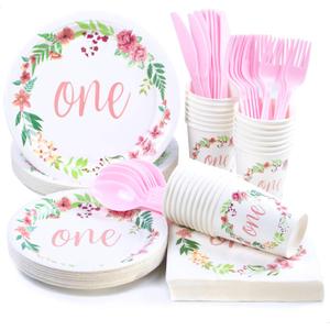 1st Birthday Decorations, Baby Shower Party Supplies, Disposable Paper Plates, Napkins, Cups, Knives, Spoons, Forks, Plastic Cutlery, Tableware Sets (Serves 24, 168 Pieces)
