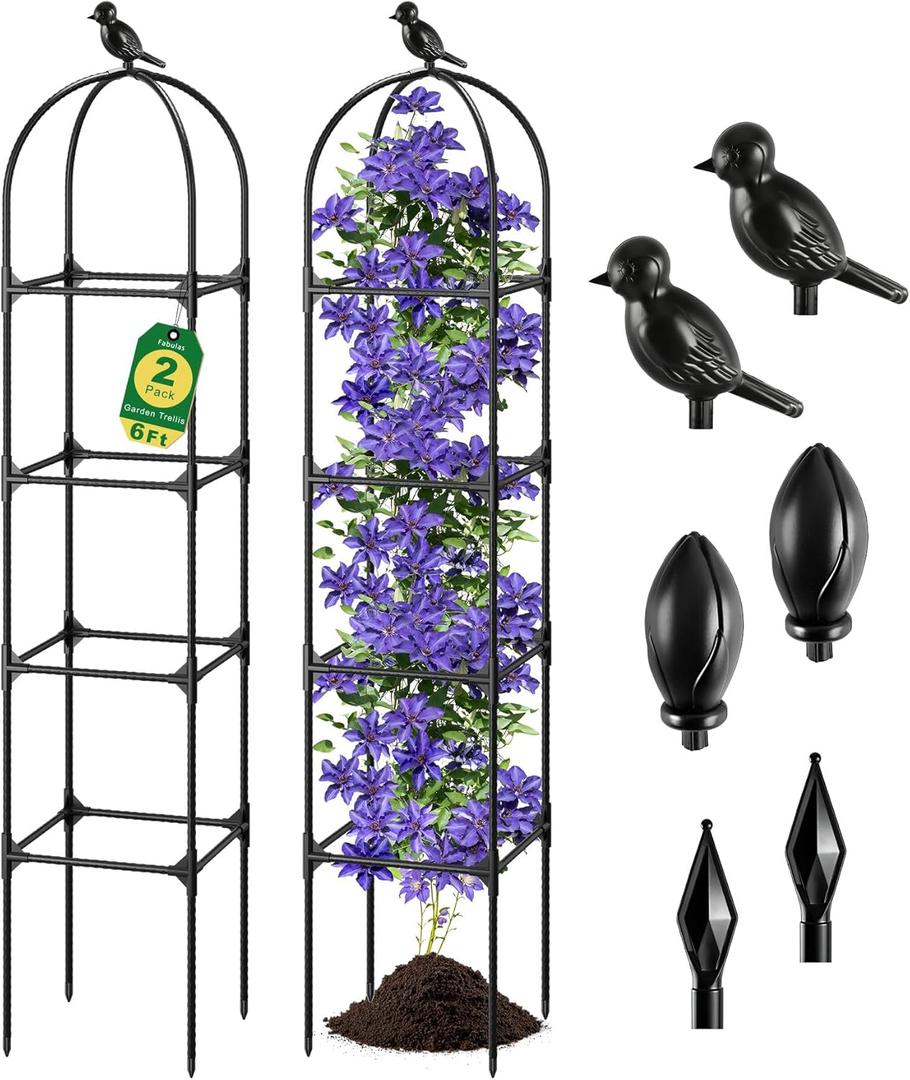 Fabulas Garden Obelisk Trellis for Climbing Plants Outdoor, 6 Ft Rustproof Plastic Coated Metal Vine Plant Trellis Support for Pots, Wisteria, Morning Glory, Clematis, Jasmine, Rose, Tomato, 2 Pack