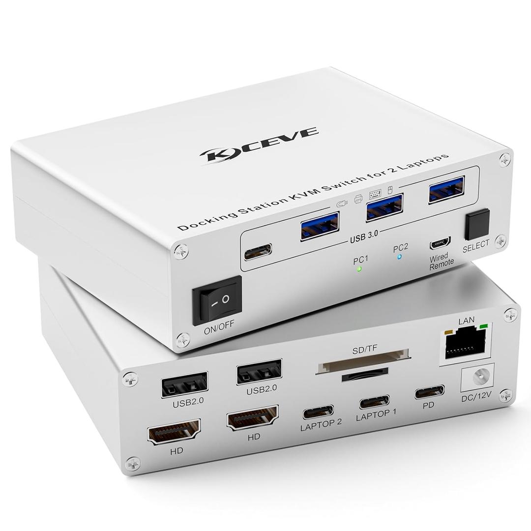 KCEVE 15-in-1 KVM Switch USB C Docking Station, USB 3.0 KVM Switch 1 Monitors 1 Laptops HDMI 4K60Hz, 80W PD, 5Gbps, MST, Gigabit Ethernet, SD/TF Card, Power Adapter, Wired Remote