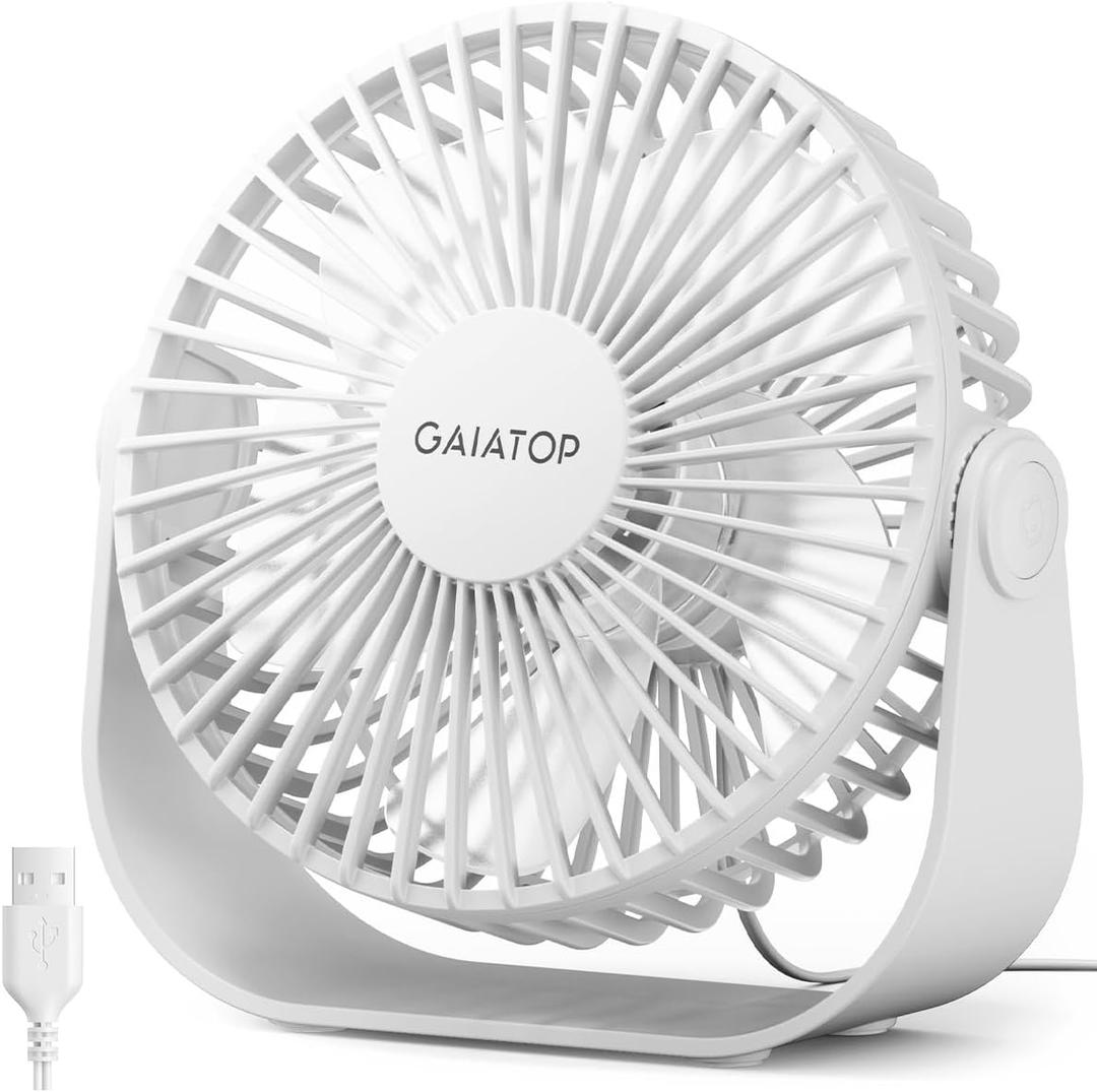 Gaiatop USB Desk Fan, 3 Speeds Strong Airflow, 5.5 Inch Portable 90 Rotate Quiet Cooling, Small Personal Table Fans for Bedroom Home Office Travel White