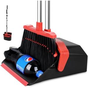 Tiumso Upgrade Broom with Dustpan Combo Set, Broom and Dustpan Set with 51'' Long Handle, Dust Pan and Brooms, ZeroGap Lip, Self-Cleaning Dustpans Teeth for Lobby Kitchen Restaurant - Black and Red