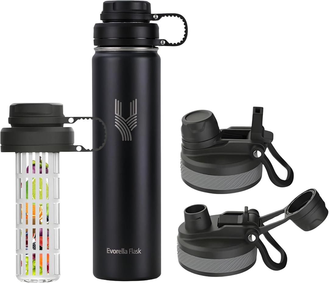 Sports Water Bottle - 24 oz - Leak Proof, 18/8 grade Durable Double Walled Stainless Steel Bottles with Infuser Lid, New 2 in 1 Lid (Black)
