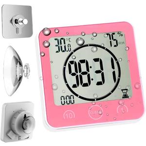 Waterproof Bathroom Wall Clock and Timer, Digital Water Resistant Hanging Timer for Shower, Large Display Kitchen Cooking Countdown Timers, Mirror Suction Clock with Temperature Humidity Meter (Pink)
