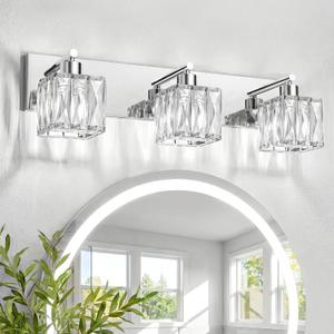 VOLISUN Chrome Bathroom Light Fixtures, Modern Stainless Steel Bathroom Lighting Fixtures Over Mirror, 3 Light Bathrooms Vanity Light, Crystal Vanity Light for Bathrooms-UL Certificated(Exclude Bulb)