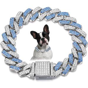 Blue Chain Dog Collar for Medium Dogs, Bling Diamond Cuban Link Dog Collars Glitter Rhinestone Dog Necklace Blue, 20 inch(Neck17-19")