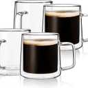 CNGLASS 10oz Glass Coffee Mugs,Double Wall Insulated Glass Mugs with Handle,Clear Espresso Mug for Latte,Cappuccino,Tea Bag,Set of 4