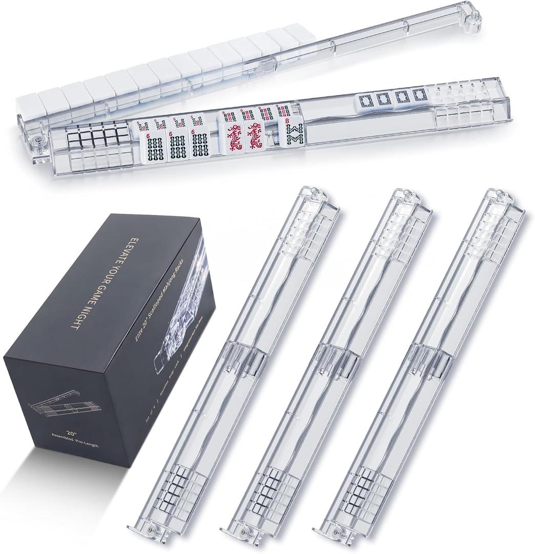 Mahjong Racks with Pushers, 20 Inch Non-Slip Set of 4,Clear, 20" x 3.2" x 1.1"
