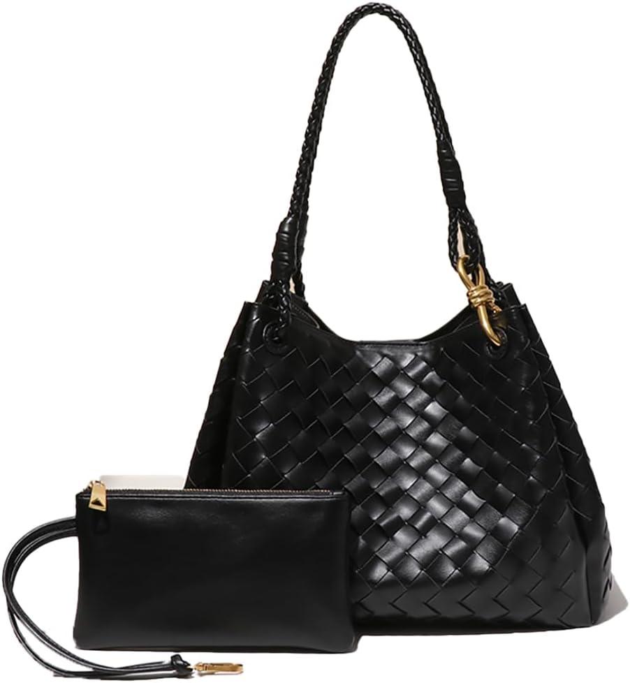 2 Pcs Slouchy PU Leather Woven Bucket Hobo Bags Women Underarm Shoulder Crossbody Purse Top-handle Tote Handbag 2025