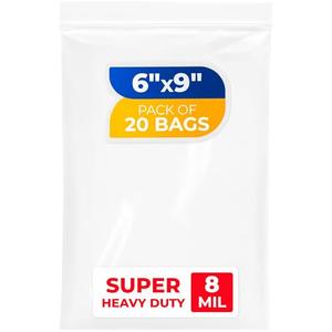 Paclord Small 6" x 9" Reclosable Poly Zip Seal Lock Bag 8 Mil Thickness, 20 Clear Resealable Bags with Extra Durability, Waterproof Heavy Duty Bags