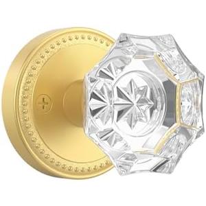 Asidrama 1 Pack Passage Gold Crystal Door Knob with Lock, Brush Gold Glass Door Knobs Interior for Bedroom or Bathroom, Heavy Duty Door Handle for Left Right Sided Doors