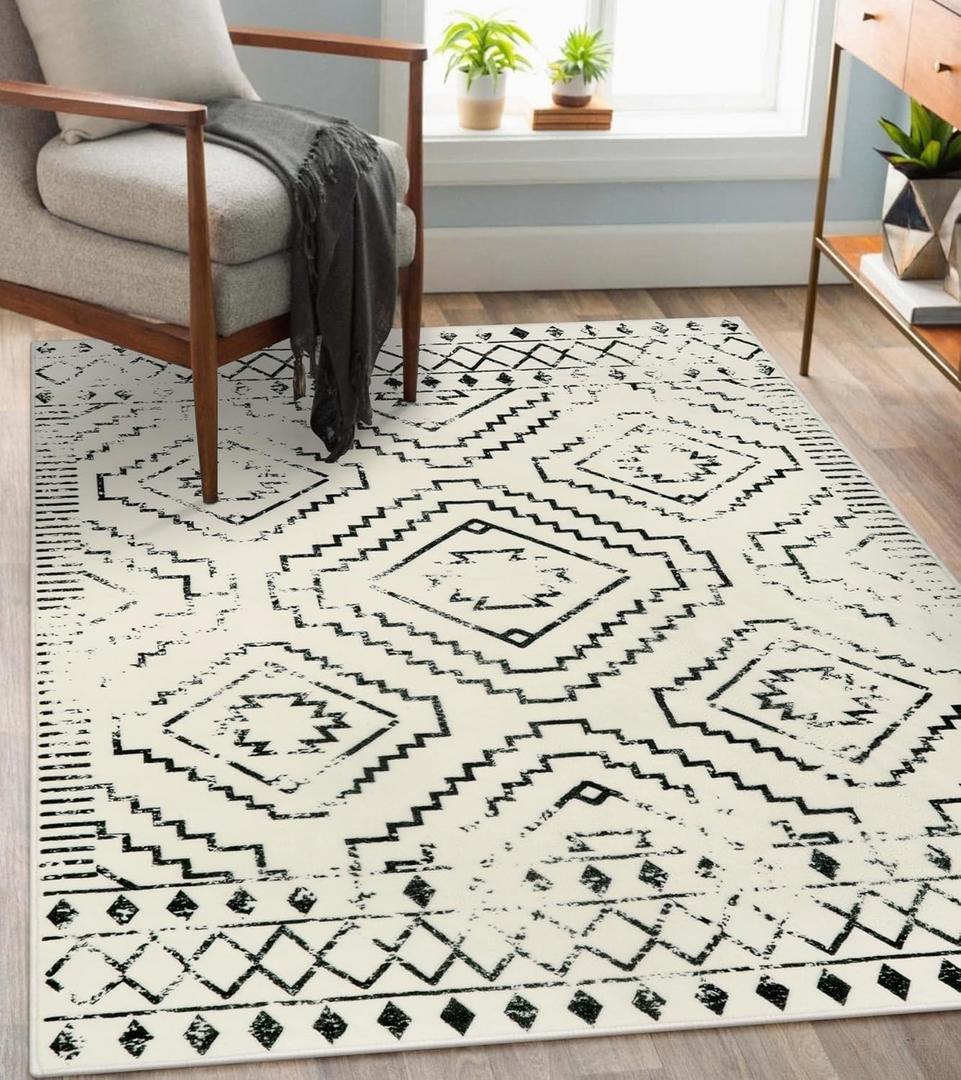 Wonnitar Moroccan 4x6 Area Rug, White Boho Rugs for Living Room, Washable Soft Large Rug for Bedroom,Non-Slip Geometric Throw Carpet, Low Pile Accent Mat for Nursery Bedside Dorm (Beige,4'x6')