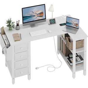 Lufeiya White L Shaped Computer Desk with Drawers & Storage Shelves, 47 Inch Corner Reversible Desk with Power Outlet for Home Office Bedroom, L-Shaped Teen PC Desks with Fabric Drawer, White
