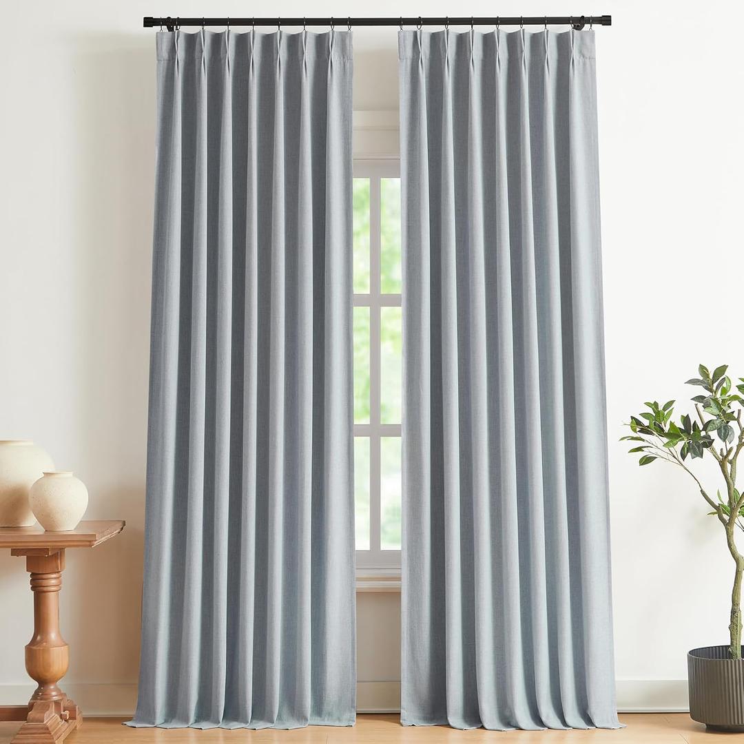 Vision Home Blue Gray Pinch Pleated Full Blackout Curtains Linen Blended Room Darkening Window Curtains 90 inch for Living Room Bedroom Thermal Insulated Pinch Pleat Drapes with Hooks 40" Wx90 Lx2