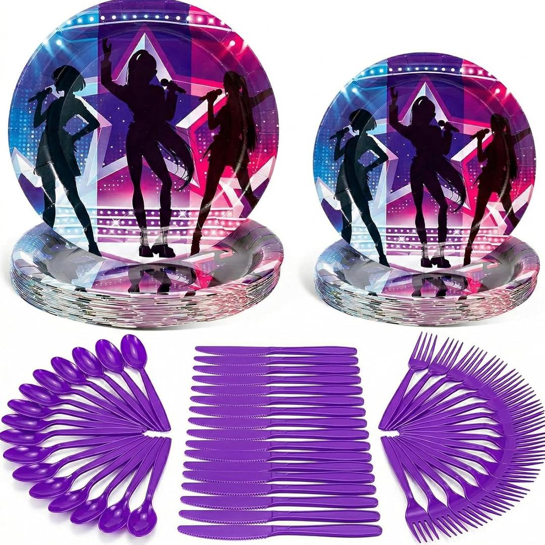 120 Pcs Kpop Birthday Decorations for 24 Guests - Purple Blue Music Theme Party Supplies with Plates Cutlery - Stage Light Design Tableware Set for Fan Gatherings and Events
