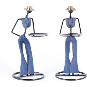Cowboy Candle Holders for Western Decor, Metal Candlesticks for Cowboy Party Decorations, Black Candle Trays for Disco Cowgirl Party Decoration,Set Of 2(Dark Blue)
