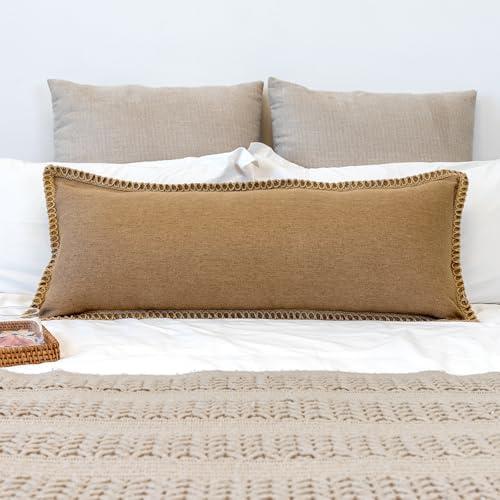 JoraLion Burlap Linen Lumbar Pillow Cover 14 x 36 inch, Trimmed Tailored Edges Cushion Cover Farmhouse Modern Decorative Pillow Case Outdoor Decor, Khaki, Pack of 1 (Cover Only)