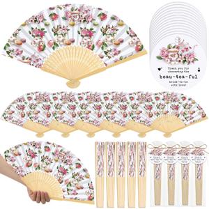 CroBlissful 25 Sets Tea Party Bridal Shower Favors for Guests Teapot Bamboo Folded Hand Fan with Gift Bag Thank You Tag with Rope Tea Party Favors Bridal Shower Party Wedding Souvenirs for Woman