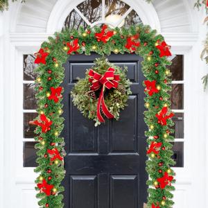 9ft Christmas Garland with Lights - Green Holiday Decorations for Home Stairs Fireplace Front, Warm White LED and Flowers (1 Pack)