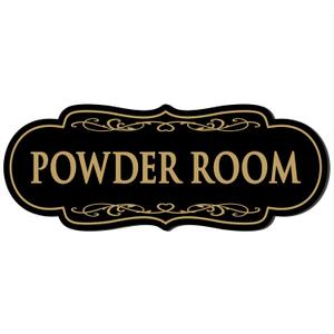 Powder Room Sign, Premium Durable Frosted Acrylic Material, Super Strong Self-Adhesive, Quick Installation, Suitable For Home, Office And Commercial Bathroom (9 * 3.5 Inches, Black/Gold)