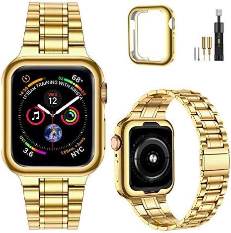 MioHHR Solid Stainless Steel Band Compatible with Apple Watch 45mm, Metal Strap with Soft TPU Case for iWatch Series 9 8 7 45mm Women and Men, Gold