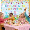 XCKALI Chillin with My Peeps Backdrop Spring Easter Colorful Eggs Bunny Chicken Party Indoor Outdoor Home Decorations (8x6ft)