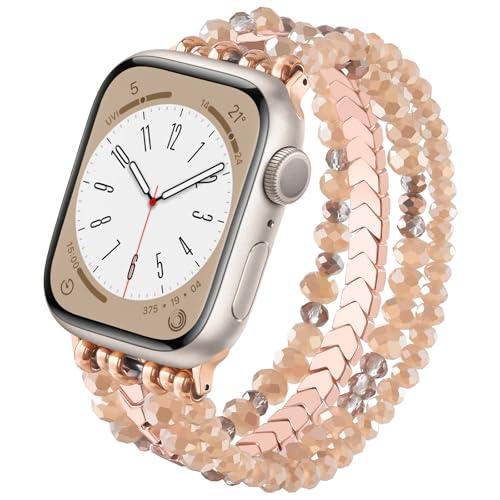 MOFREE Beaded Band for Women Compatible with Apple Watch 38mm 40mm 41mm 42mm, Fashion Crystal Elastic Straps Wristbands for iWatch Bands Series 11/10/9/8/7/SE/6/5/4/3/2/1 (Rose Gold/Yellowish)