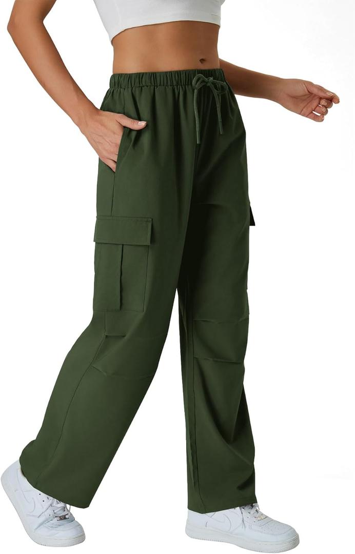 keriffe Women's Cargo Pants Quick Dry Lightweight Water-Resistant Hiking Pants Elastic High Waisted Drawstring 4 Pockets (Army Green, S)