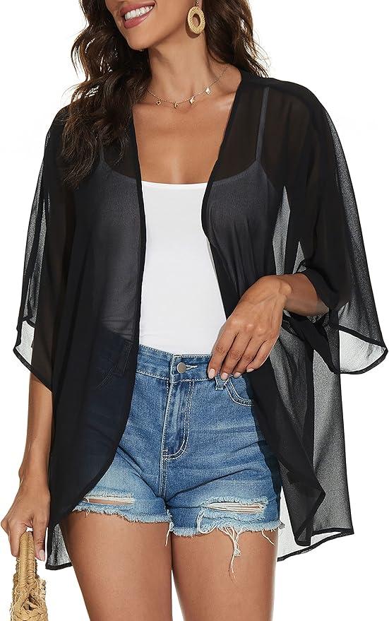 Women's Floral Print Puff Sleeve Kimono Cardigan Loose Cover Up Casual Blouse Tops, M