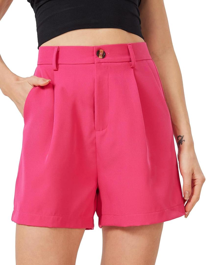 Women's Casual Pleated Dressy Business Work Shorts Elastic High Waisted Wide Leg with Pockets (Pink, XL)