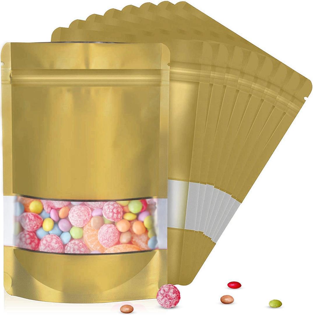 5.5"x7.8" 120pcs Mylar Bags for Food Storage,Smell Proof Bag with Matte Window Resealable Food Storage Bags for Small Business, Stand-up Foil Pouch Packaging Freeze Dried Candy Bag (Gold)