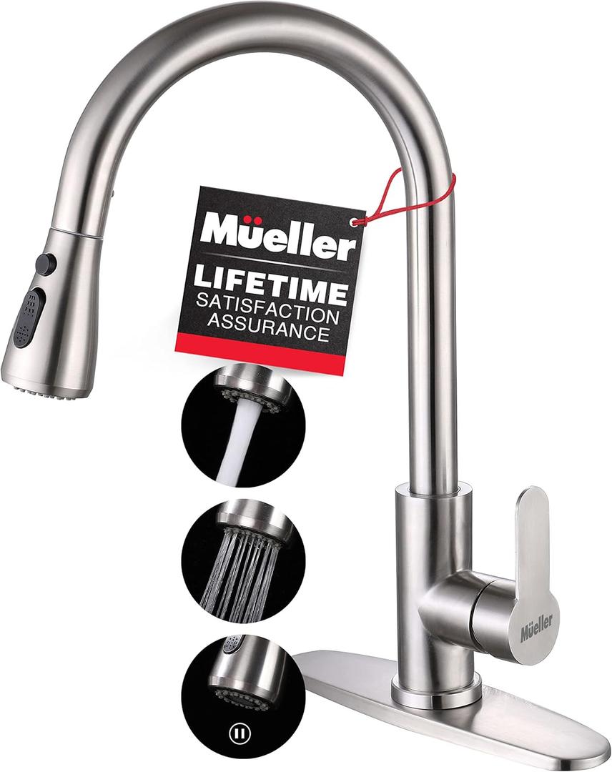 Mueller Single Handle Stainless Steel Kitchen Sink Faucet, High Arc, Single Lever, Pull-Out Sprayer Head, Stream Flow, Powerful Spray Kitchen Sink, with Deck Plate Brushed Nickel Finish