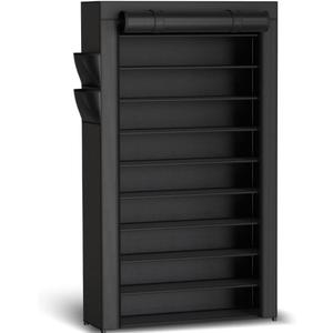Kitsure Shoe Rack - 10-Tier Large Capacity Shoe Organizer Shelf with Dust Cover & Side Pockets, Rust-Proof Metal Shoe Rack for Closet, Entrance, Living Room, 33.6" x 12.4" x 69.3", Black