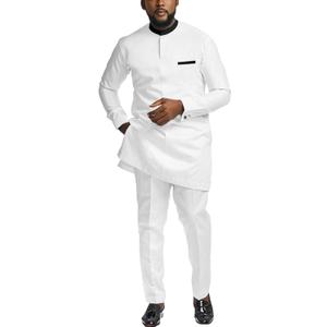 African Suit for Men 2 Piece Set Shirt Pants Dashiki Outfits Nigerian Wedding Attire (Large, White)