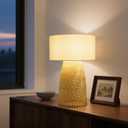 Booniture Boho Bamboo Table Lamp, Handwoven Bedside Lamp with Linen Shade, Small Natural Weave Nightstand Light for Living Room, Tea Room, Desk,White