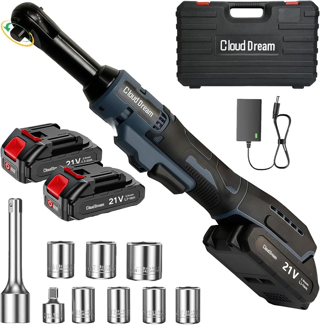 CloudDream 3/8" Cordless Electric Ratchet Wrench,45Ft-lbs(60N.m) Extended Ratchet Set with 2x 2.0Ah Batteries, Variable Speed Power Driver, 6 Sockets, 1/4" Adaptor & 3" Extension Bar for Auto Repair