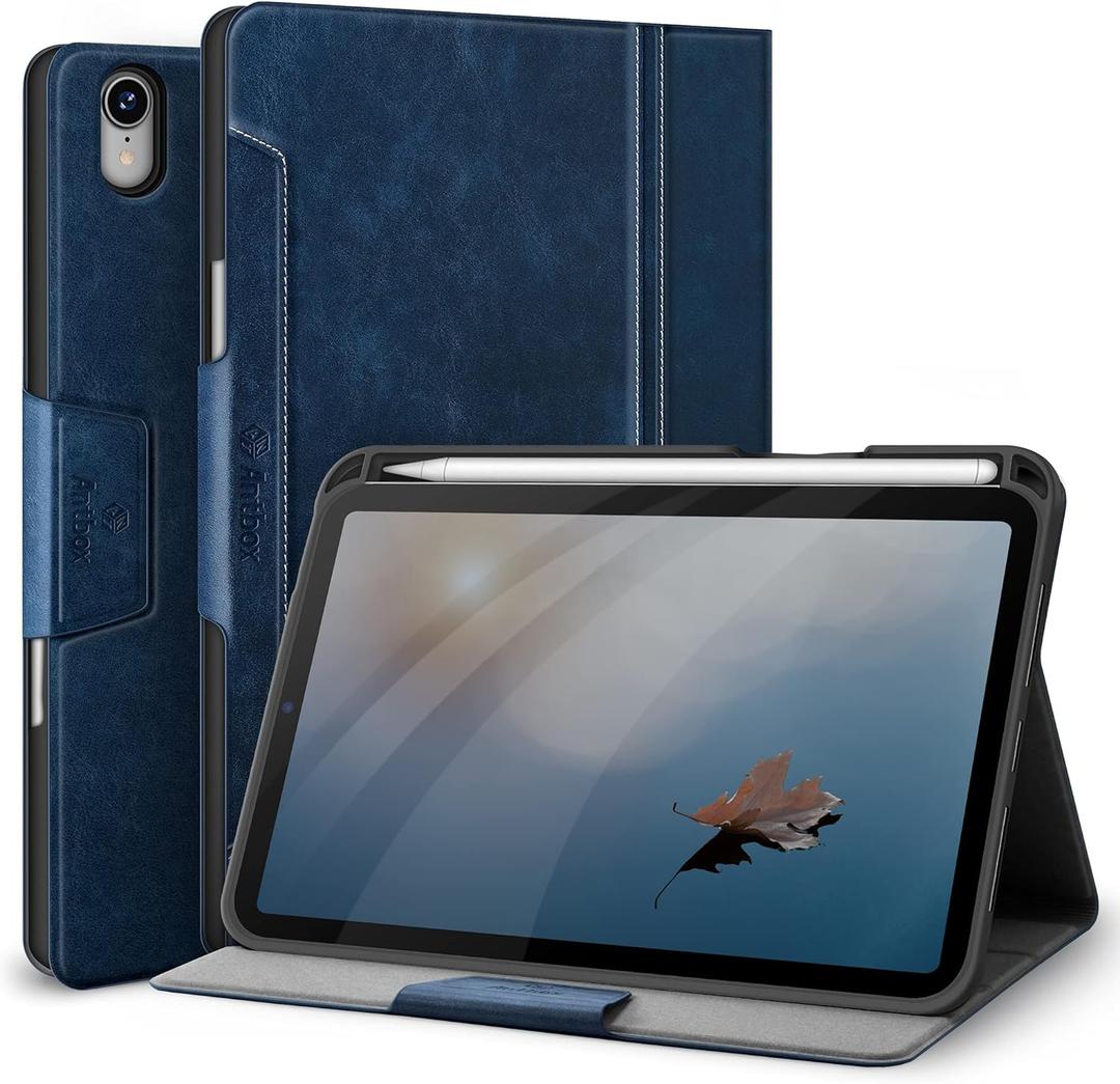 Antbox Case for iPad mini 7 A17 Pro, iPad mini 7th/6th Generation Case (2024/2021) with Pencil Holder Vegan Leather Smart Cover with Auto Sleep/Wake Stand Function (Blue)