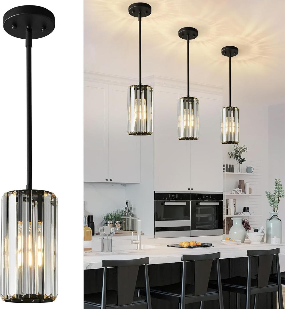 Black Pendant Lighting Modern Pendant Light Mini Crystal Chandeliers Adjustable Pendant Light Fixture for Kitchen Island Dinning Room Corridor Bedroom(Black 3-Pack), Round-3-Pack