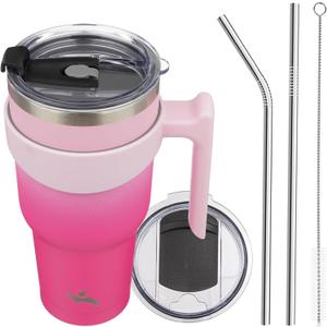 40 oz Tumbler with Handle and 2 Straw 2 Lid, Insulated Water Bottle Stainless Steel Vacuum Cup Reusable Travel Mug, Cherry (Sakura)