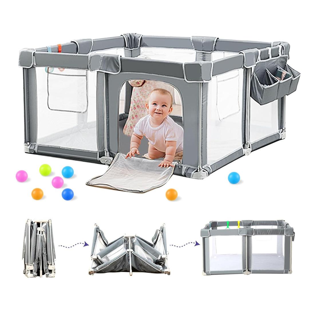 CAPAKIDS Foldable Baby Playpen 59"71" with Mat, Out-of-The-Box Ready Playpen for Babies and Toddlers, Portable Play Yard with Breathable Mesh & Gates, Storage Bag & 4 Handlers for Indoor & Outdoor