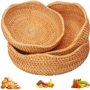 3 PCS Rattan Bread Basket - 3 Size Authentic Handmade Decorative Woven Baskets for Kitchen, Round Rattan Fruit Baskets Bowls for Table, Kitchen Decor
