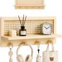 Rattan Wall Shelf with 4 Hooks, Entryway Key Holder & Coat Rack Wall Mount