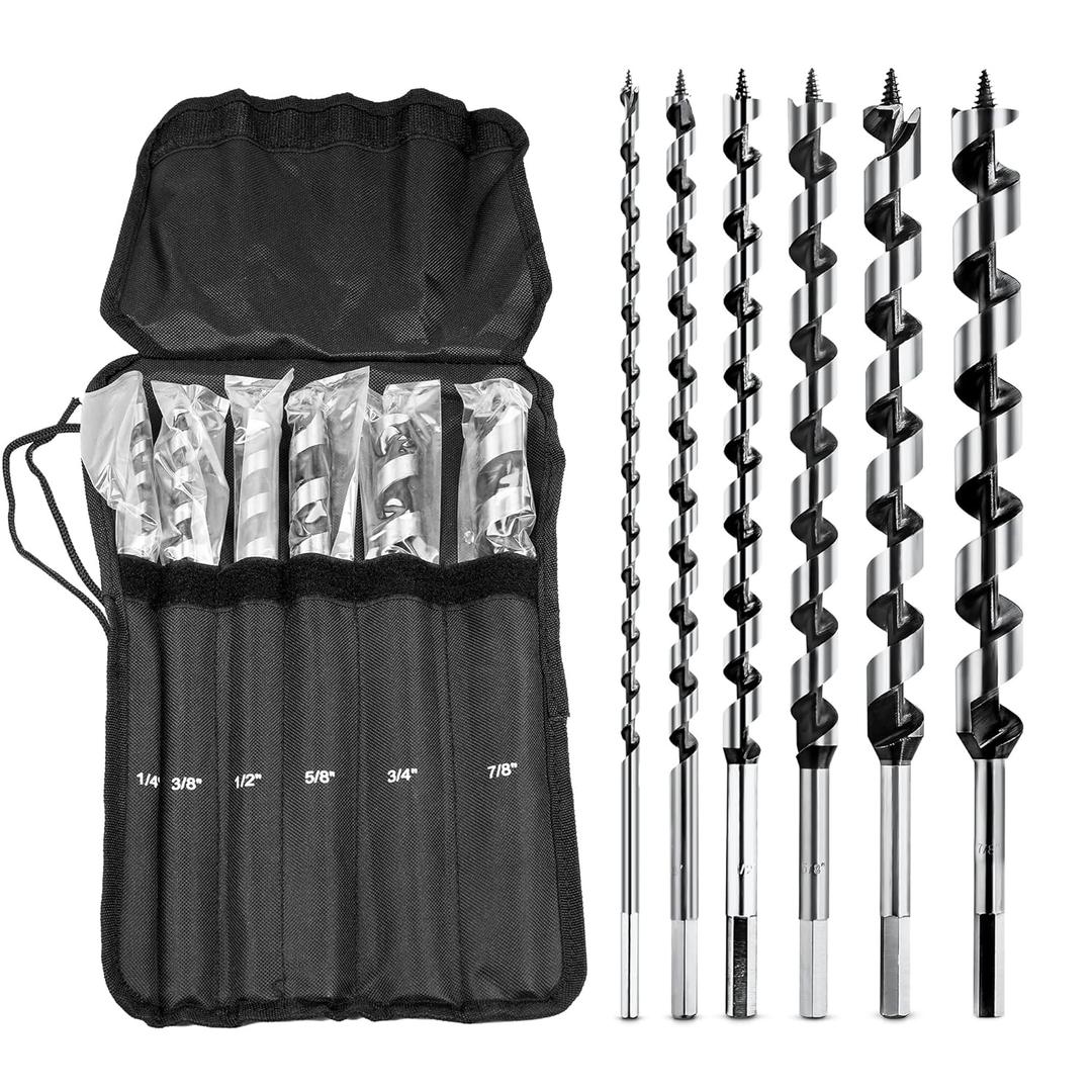 6Pcs 12-Inch Long Auger Drill Bit Set for Wood, 1/4"-7/8" Inch Hex Shank Ship Auger Drill Bit for Soft and Hard Wood, Plastic, Drywall and Composite Materials (1/4", 3/8", 1/2", 5/8", 3/4" and 7/8")